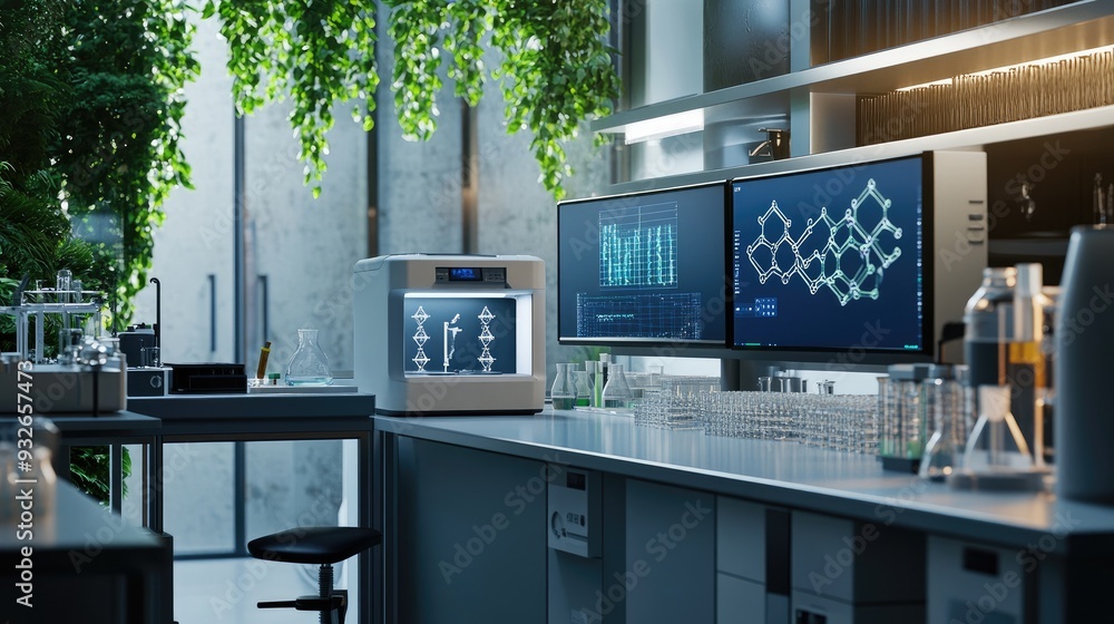 Aufkleber a modern research lab with a 3d printer, computer screens displaying molecular structures, and clean