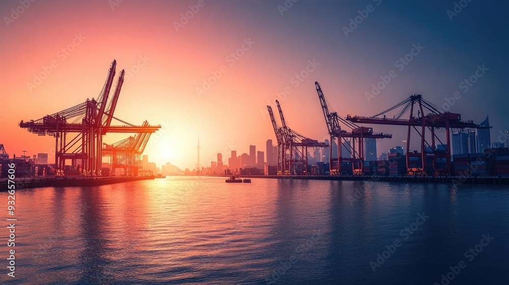 Poster a port with cranes and shipping containers ready for export, representing the maritime aspect of glo