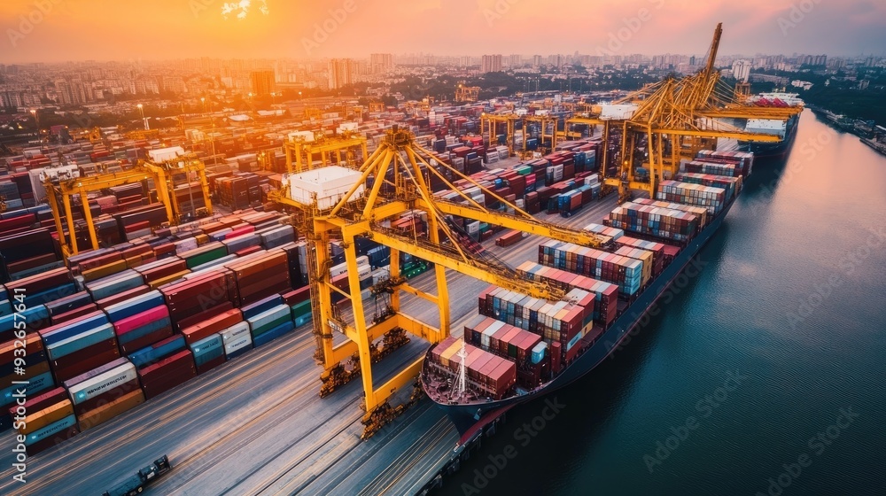 Poster a port with cranes and shipping containers ready for export, representing the maritime aspect of glo