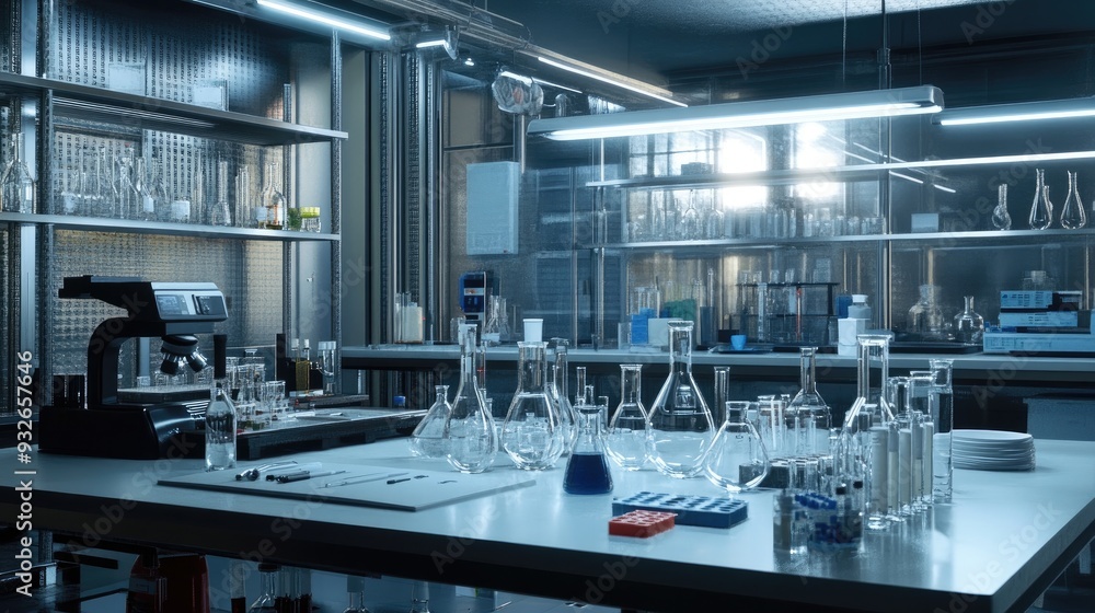 Poster a research environment featuring organized lab tables, digital measuring instruments, and a range of