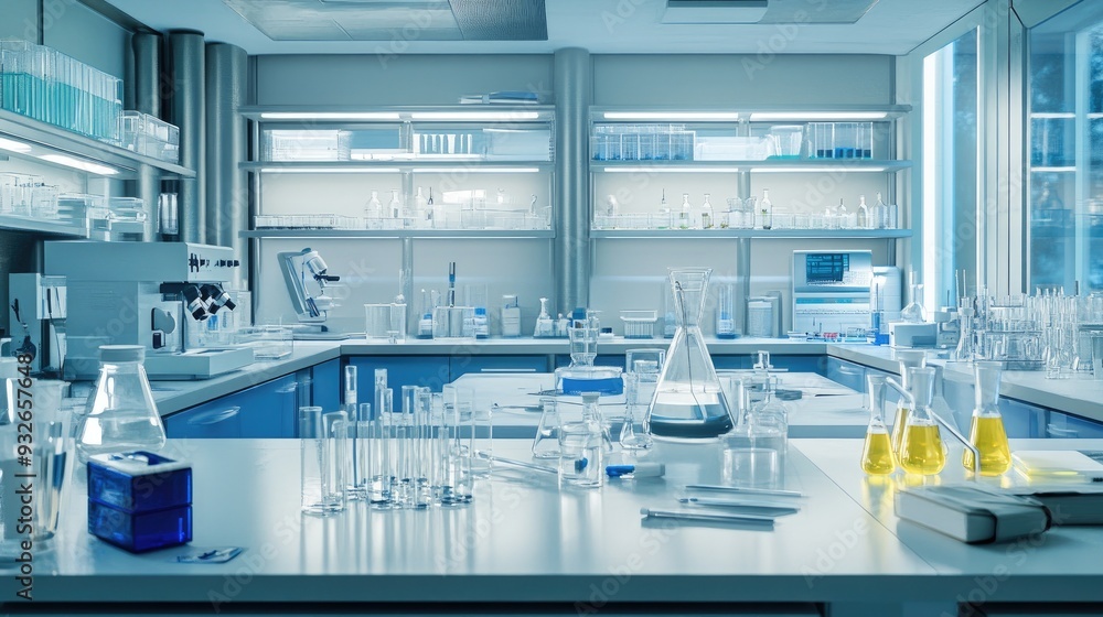 Poster a research environment featuring organized lab tables, digital measuring instruments, and a range of
