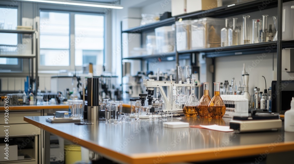Poster a research environment featuring organized lab tables, digital measuring instruments, and a range of