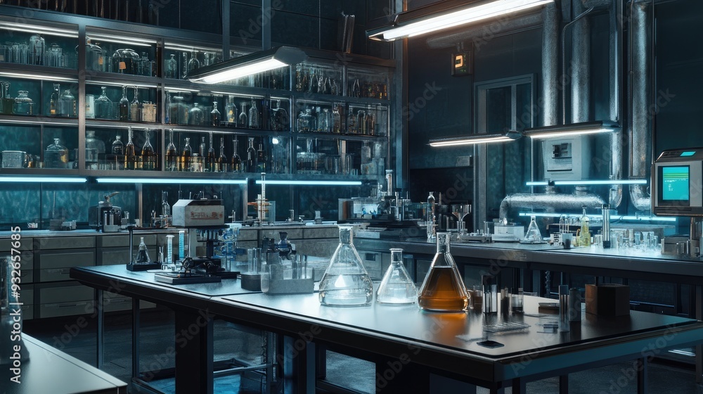 Poster a research environment featuring organized lab tables, digital measuring instruments, and a range of