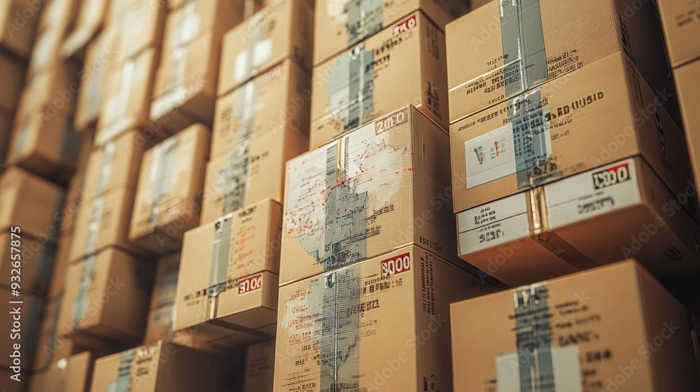 Aufkleber a stack of boxes with international shipping labels, representing the complexity of global logistics