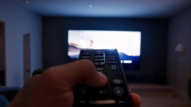 Evening Relaxation: Hand Holding Smart TV Remote Control for Movie Watching