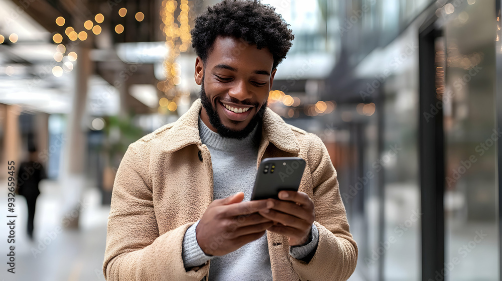 Sticker A smiling man using a smartphone in a modern indoor setting.