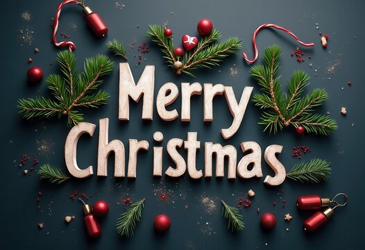 Merry Christmas decoration with pine branches and festive ornaments on a dark background