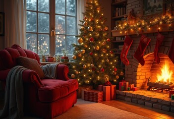 Obraz premium Cozy living room with a Christmas tree and fireplace during the holiday season