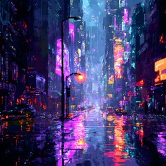 Fototapeta premium Metropolis Illuminated in a Solitary Neon Glow on a Rainy Night