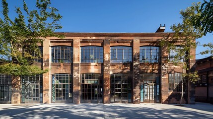 Renovated brick building with large windows and a modern design. The building is situated in an urban setting, with trees and a sidewalk in front. AI generated