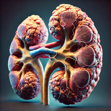 Kidneys anatomy showcasing chronic kidney disease (CKD). reduced size and irregular shape, visualization of fibrotic tissue replacing healthy nephrons. Highlight areas where kidney function is impaire