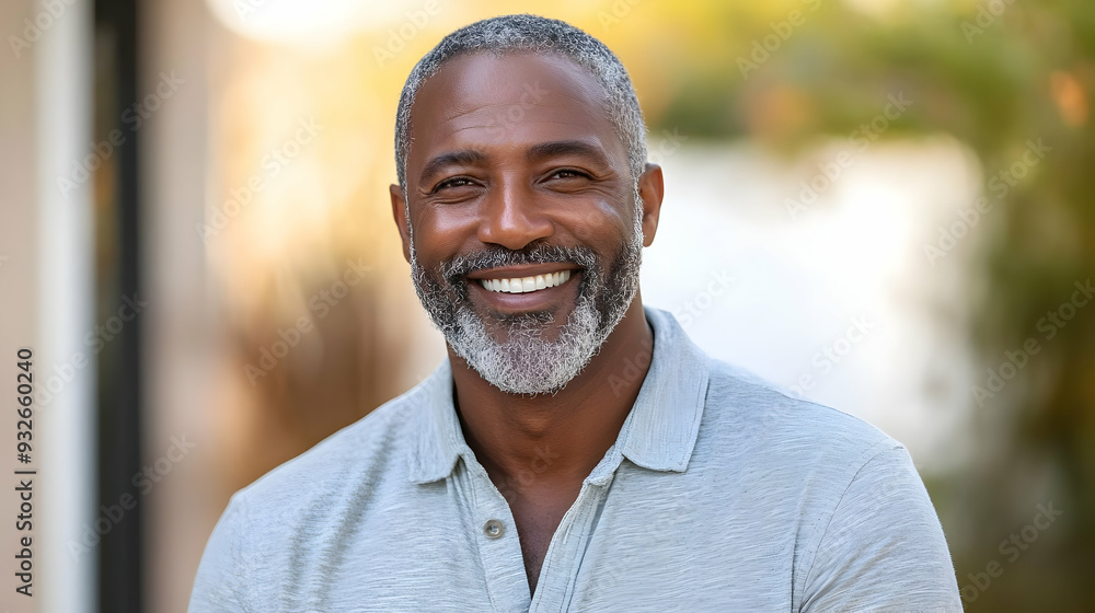 Sticker A smiling man with a beard, wearing a gray polo shirt outdoors.