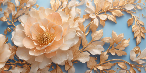 Elegant golden floral relief on blue background, decorative art