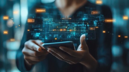 A woman is holding a cell phone and looking at a screen with a lot of numbers and symbols. Concept of technology and information overload