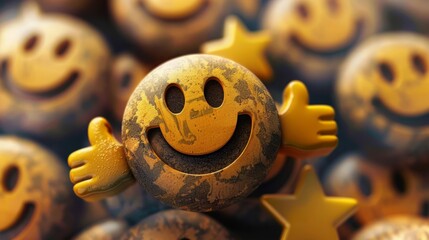 A weathered smiley face gives a thumbs up, surrounded by other happy faces.