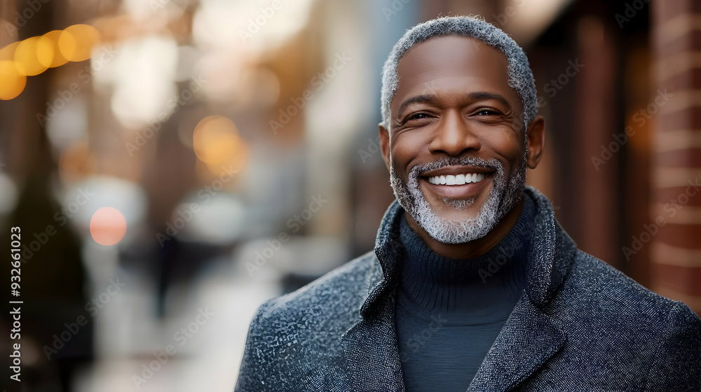 Wall mural A smiling man with gray hair in a cozy urban setting.