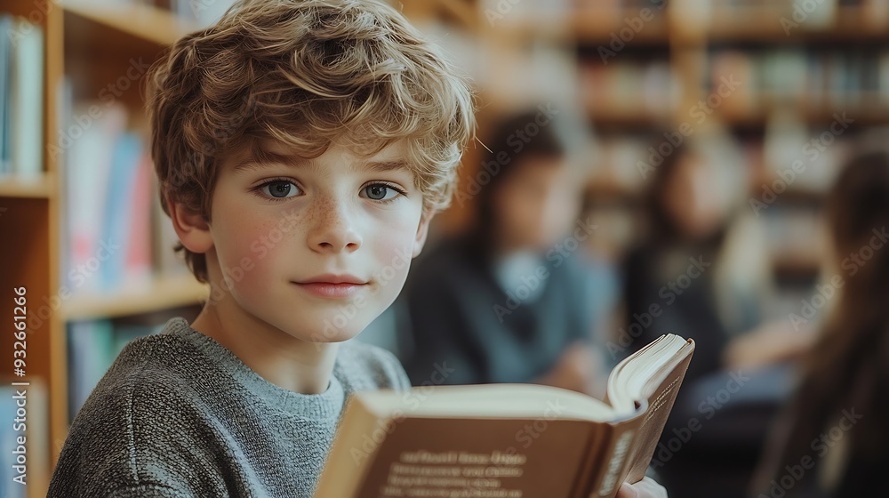 Poster caucasian boy reading a book while group of smart students sitting at library attractive child study