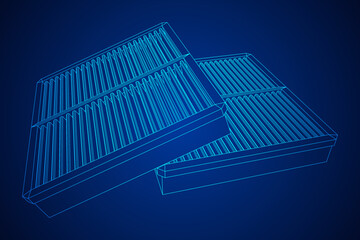 Car engine air filters. Auto spare part. Car care service maintenance. Wireframe low poly mesh vector illustration.