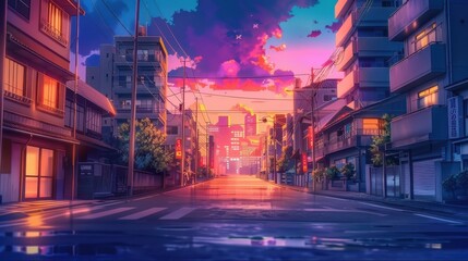 The scene captures a quiet Japanese highway bathed in sunset hues, reflecting colorful light on the wet pavement as evening falls