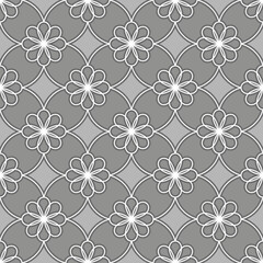 Seamless pattern with flower shapes consisting of curly white lines in shades of gray. Suitable for graphic design, interior decoration, textiles, printing, wrapping, etc.