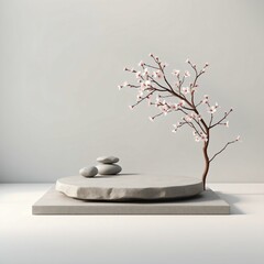 Stone Platform Display with Sakura Branches and Stones