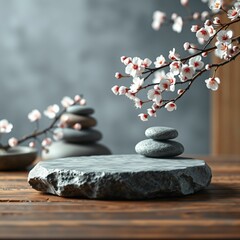 Stone Platform Display with Sakura Branches and Stones