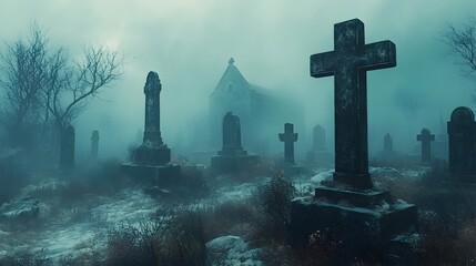 Eerie Graveyard with Crumbling Tombstones in Watercolor Atmosphere