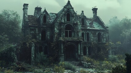 Fototapeta premium Haunted Mansion with Overgrown Garden and Broken Windows in Watercolor Style