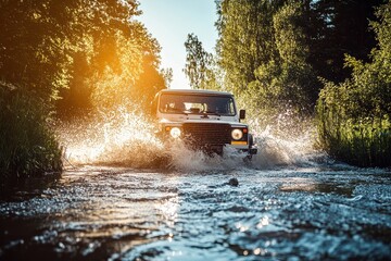 Vintage 4x4 car splashing through water on a sunny day during an off road forest tour