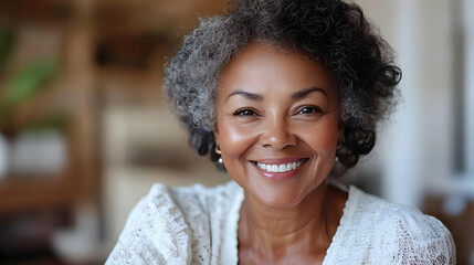 A smiling older woman with curly hair in a cozy setting.