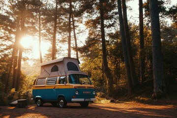 Obraz premium Vintage camper van parked in forest campground on beautiful sunny morning Nomadic vanlife lifestyle for simple vacation in RV camping destination