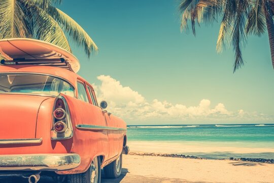 Vintage car with surfboard on tropical beach summer vacation with retro vibe