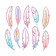 Set colorful outline feathers retro hippie style items For print graphic design stickers (9)