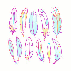 Set colorful outline feathers retro hippie style items For print graphic design stickers (13)