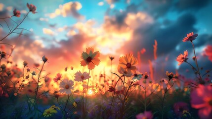 A dynamic art piece featuring wildflowers in a field, with exaggerated colors and bold outlines to emphasize the variety and energy of the blooms against a sunset sky. 8k UHD, suitable for high-qualit