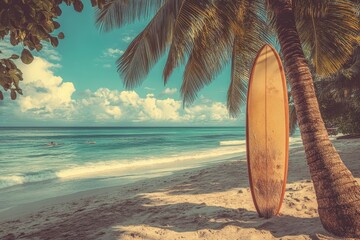 Vintage style summer vacation concept with beach background featuring a surfboard and palm tree