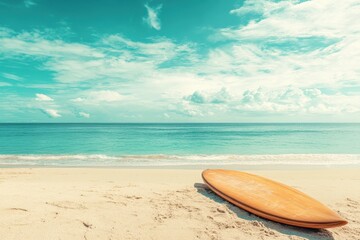 Vintage toned image of a surfboard on a tropical beach with calm seas and sky summer vacation and water sport concept