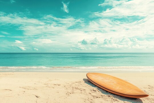 Vintage toned image of a surfboard on a tropical beach with calm seas and sky summer vacation and water sport concept