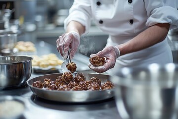 Chef preparing a meal with spices and ingredients in a commercial kitchen