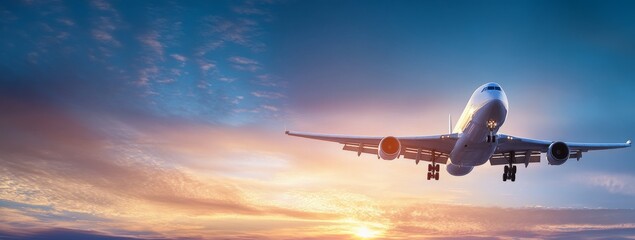 Passenger Airplane Soaring at Sunset with Vibrant Blue and Purple Clouds, Sunlight Enhancing the Atmosphere of Travel, Adventure, and Business Journeys Across Continents