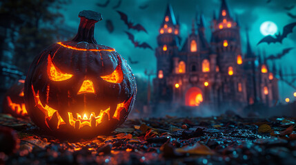 Fototapeta premium Spooky Halloween Night with Glowing Jack-O'-Lanterns, Haunted House, and Full Moon - Perfect for Halloween Party Invitations, Decorations, and October Festivities