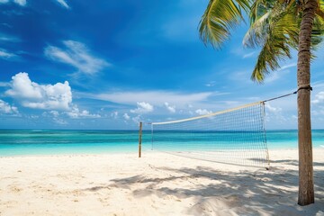 Volleyball net by the beach under clear sky