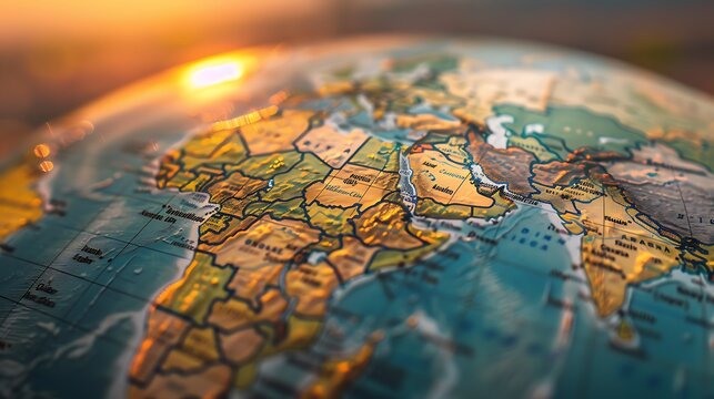 Close-up image of a globe, focusing on the Middle East region. The setting sun casts a warm glow over the map, highlighting the countries and borders. AI generated