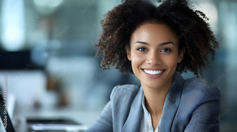 Poster A smiling woman in a professional setting, exuding confidence.