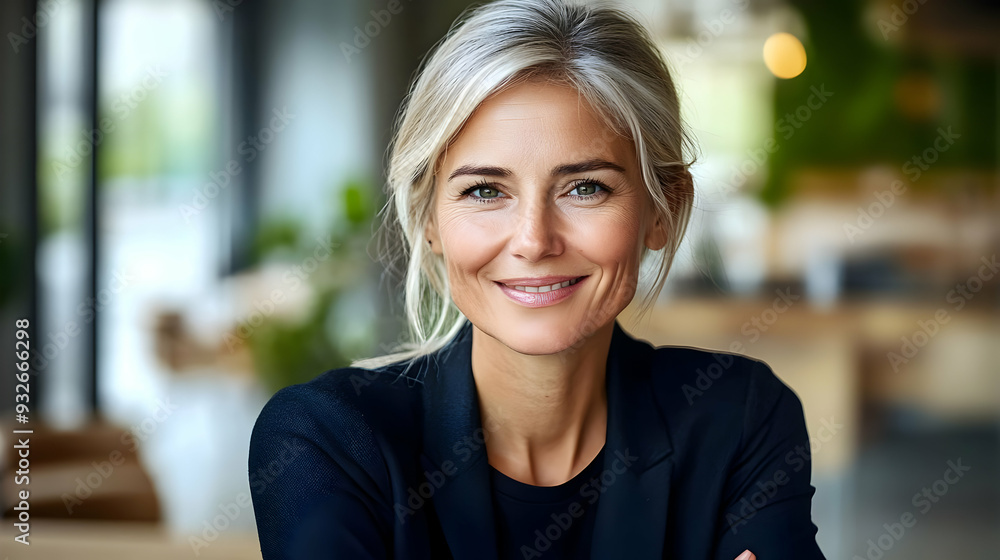 Poster A smiling woman in a professional setting, exuding confidence.