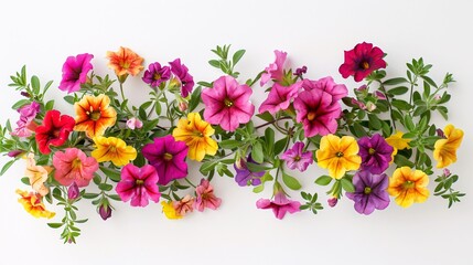 Obraz premium 3. Beautiful arrangement of Calibrachoa flowers with a mix of bright hues and delicate green foliage, isolated on a pristine white background