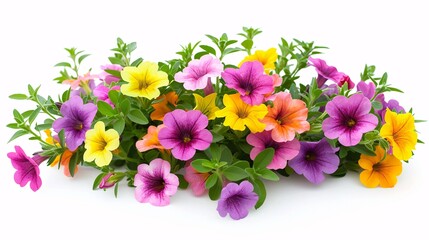Obraz premium 3. Beautiful arrangement of Calibrachoa flowers with a mix of bright hues and delicate green foliage, isolated on a pristine white background