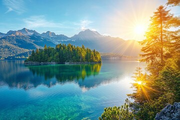 Obraz premium Breathtaking View of Eibsee Lake in Germany Surrounded by Majestic Mountains and Lush Trees with Sunlight Reflecting on Clear Waters, Highlighting a Green Island and Capturing Serene Natural Beauty