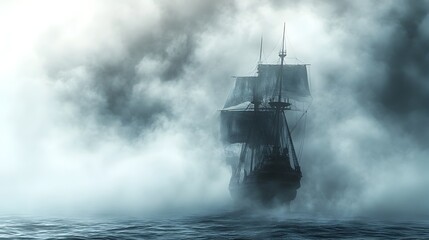 Obraz premium Ghostly Sailing Ship Voyaging Through Misty Gothic Waters on Watercolor Adventure
