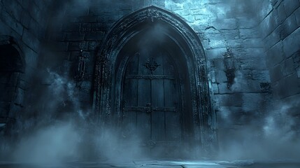 Weathered Gothic Crypt Door Shrouded in Misty Watercolor Atmosphere